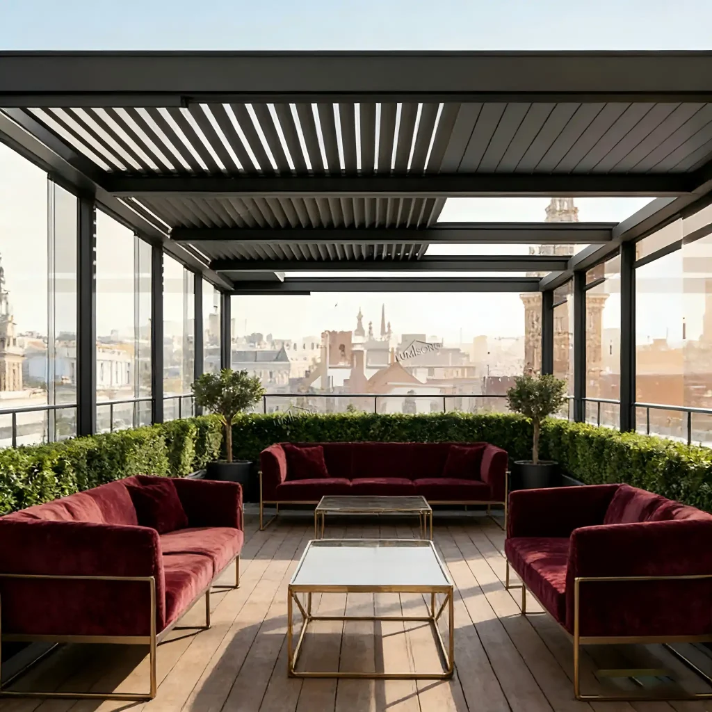 Lumisong retractable aluminum pergola with adjustable canopy system, providing flexible sun and rain protection for modern residential and commercial outdoor spaces.