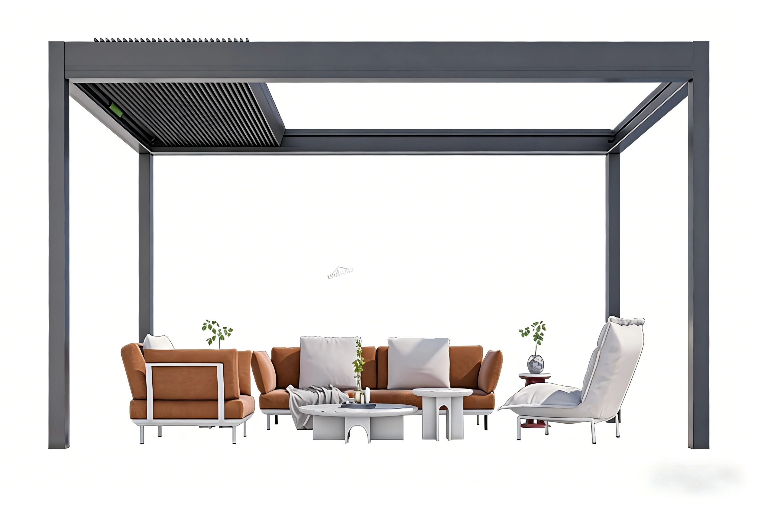 Retractable pergola roof system with motorized sunshade canopy installed over a modern outdoor patio, adjustable pergola roof designed for flexible sun protection, rain coverage, and outdoor living comfort in residential backyards, restaurants, and hospitality spaces, custom aluminum pergola roof manufactured in China with global wholesale supply to the United States, Canada, Australia, the United Kingdom, Germany, France, Italy, Spain, Greece, the Netherlands, Sweden, and other developed markets | Lumisong