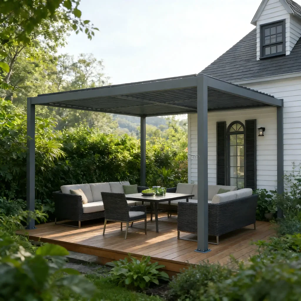 Spacious aluminum deck pergola with modern outdoor seating, weather-resistant design, ideal for residential patios, gardens, and terraces, providing stylish and comfortable outdoor living – Lumisong