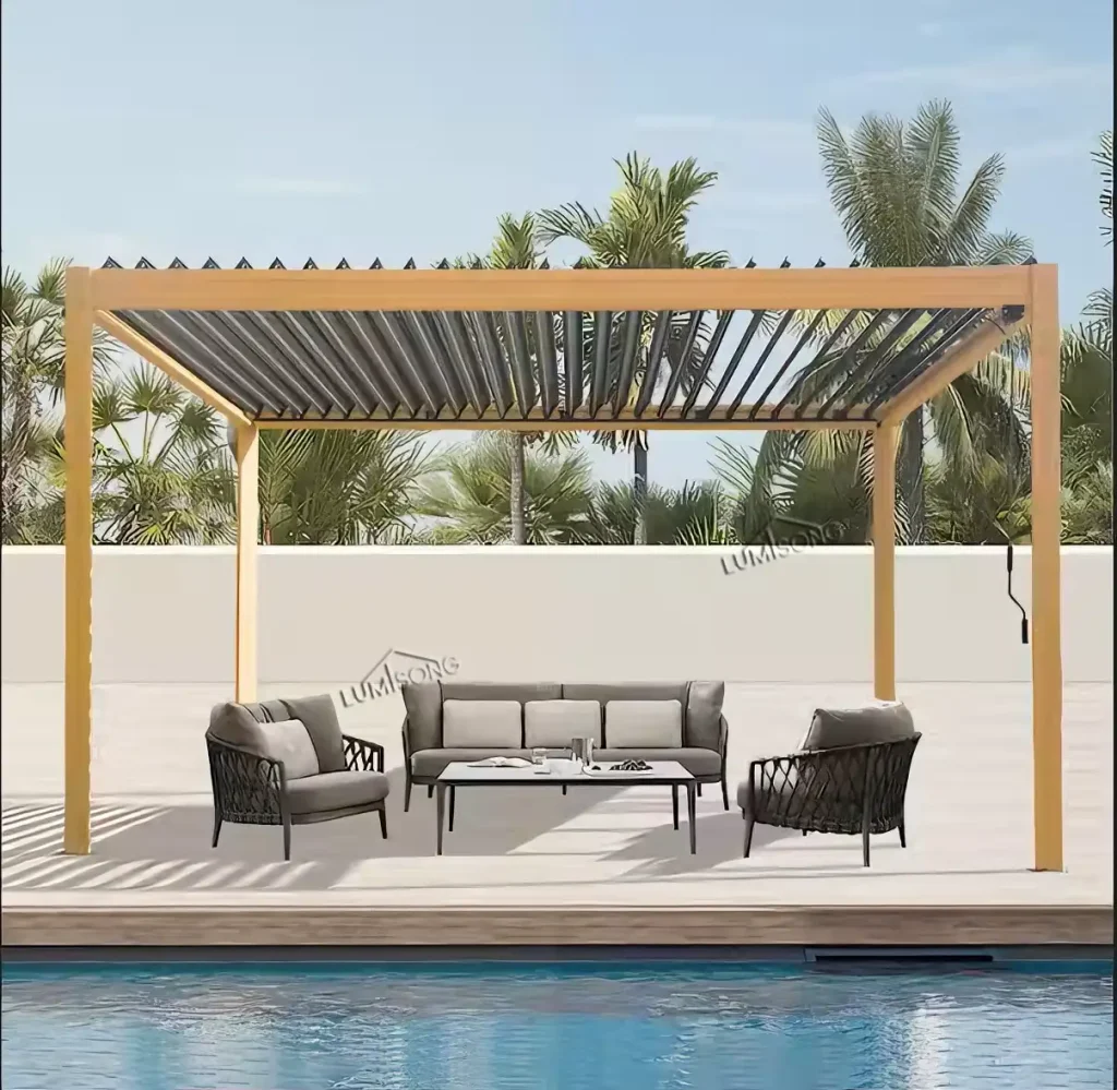 Spacious swimming pool pergola with high-quality aluminum structure, offering shade, sun control, and elegant outdoor poolside living for residential and commercial spaces | Lumisong