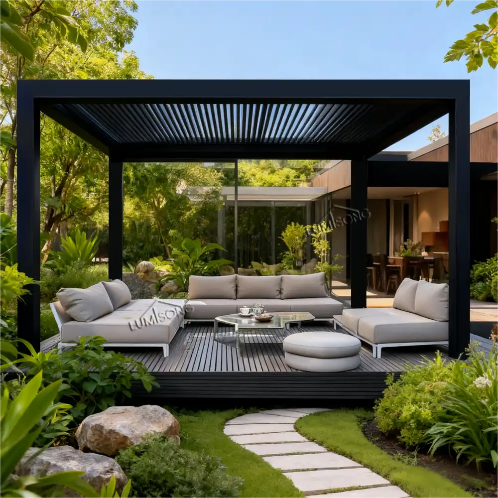 Residential backyard and patio transformed after Lumisong premium gazebo installation, featuring stylish aluminum structure, weather protection, and luxurious outdoor living space.