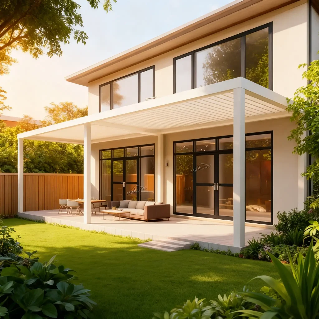 Wall mounted pergola with aluminum attached structure, ideal for patios, terraces, backyards, and outdoor living spaces, providing durable shading and modern design