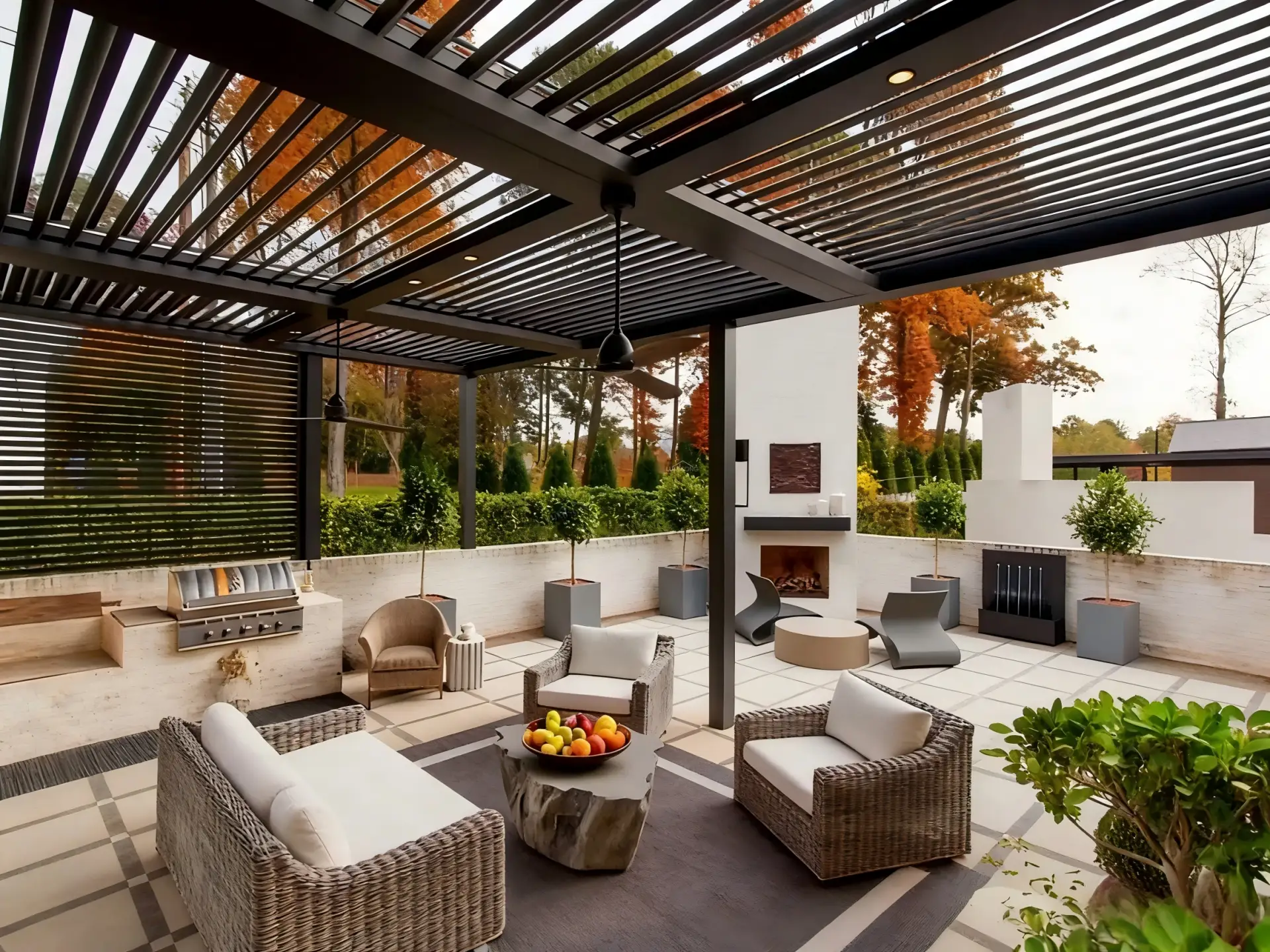 Adjustable roof pergola with rotating aluminum louvers providing flexible sunlight control and ventilation, modern outdoor structure ideal for patio, garden, terrace, and commercial outdoor spaces | Lumisong