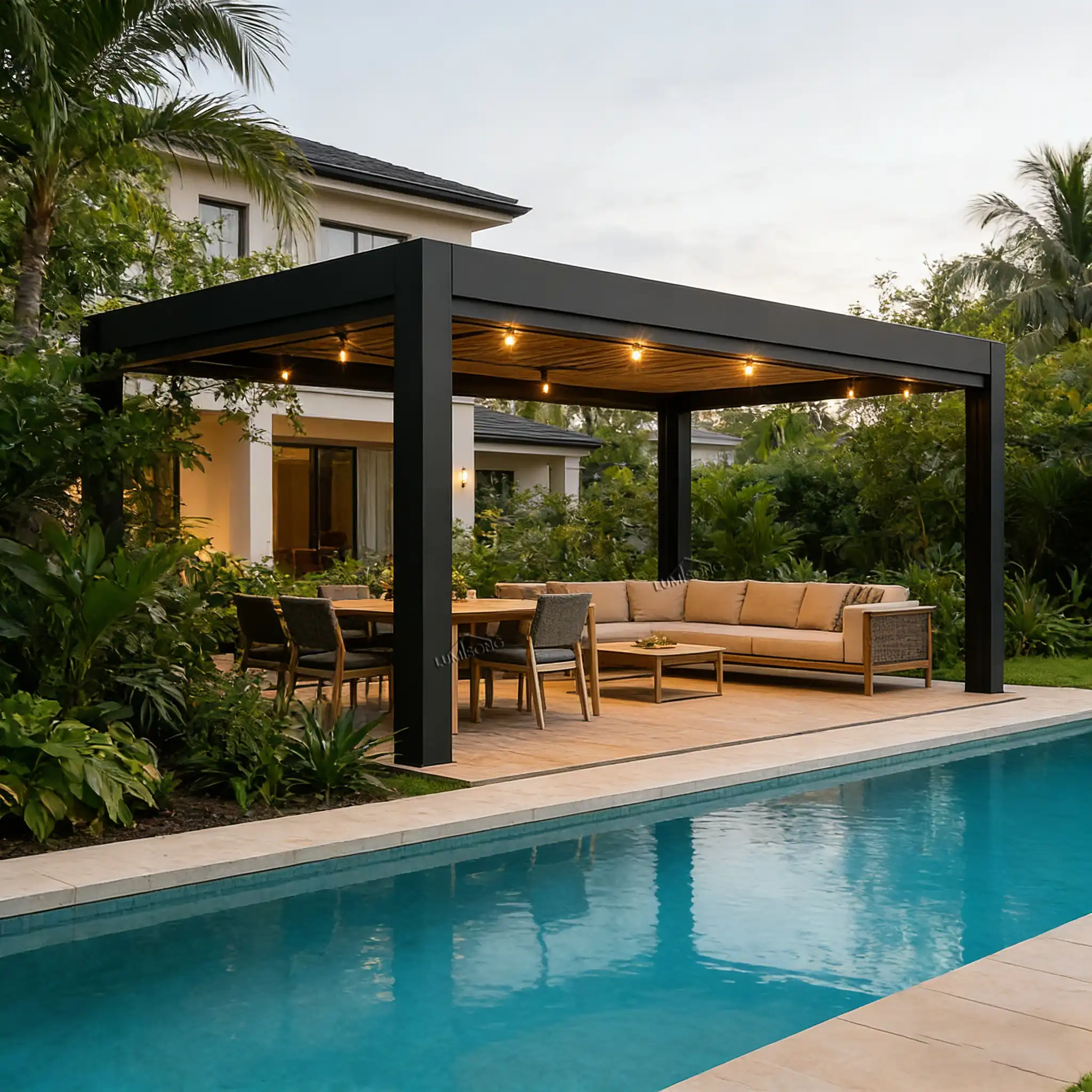 Aluminum pergola for swimming pool providing modern outdoor shade over poolside lounge area, designed for backyard pools, resorts, hotels, and outdoor leisure spaces