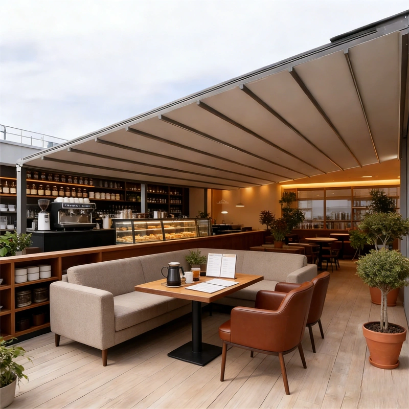 Automatic retractable awning installed on a modern patio, featuring a durable aluminum frame and weather-resistant fabric that automatically extends and retracts to provide adjustable shade and sun protection. Smart outdoor awning system designed for patios, decks, balconies, cafes, restaurants, and commercial outdoor spaces. Equipped with motorized control and optional wind or sun sensors for intelligent shading. Custom sizes, colors, and configurations available. Manufactured by Lumisong, a leading retractable awning manufacturer in China serving wholesale buyers and global markets including the USA, Canada, UK, Australia, and other international regions.
