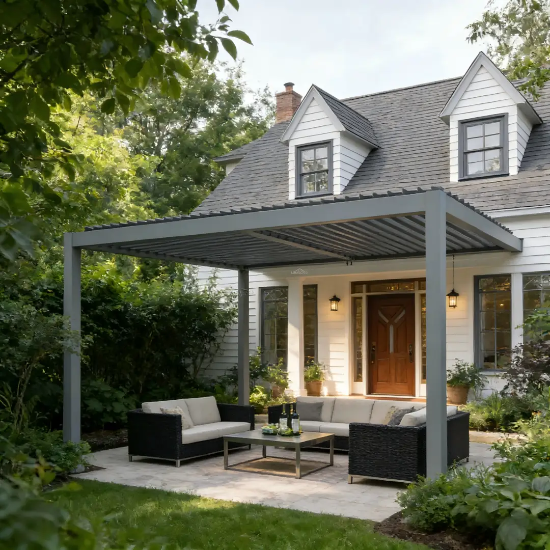 Backyard aluminum pergola installed over patio and garden area, durable weather-resistant outdoor structure providing shade, comfort, and modern design for residential backyard living spaces | Lumisong
