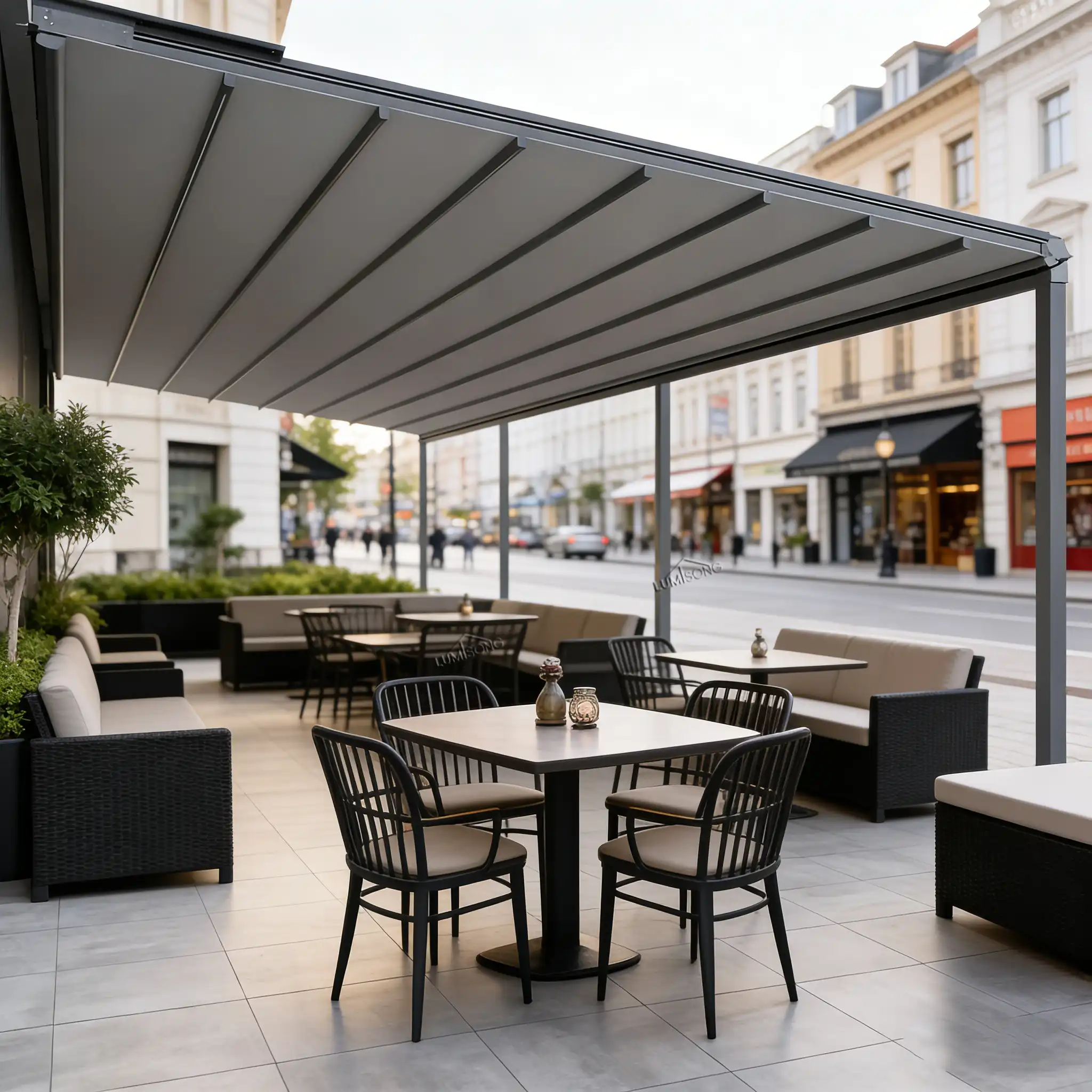 Commercial aluminum canopy providing durable outdoor shelter for building entrances, walkways, storefronts, and commercial facilities