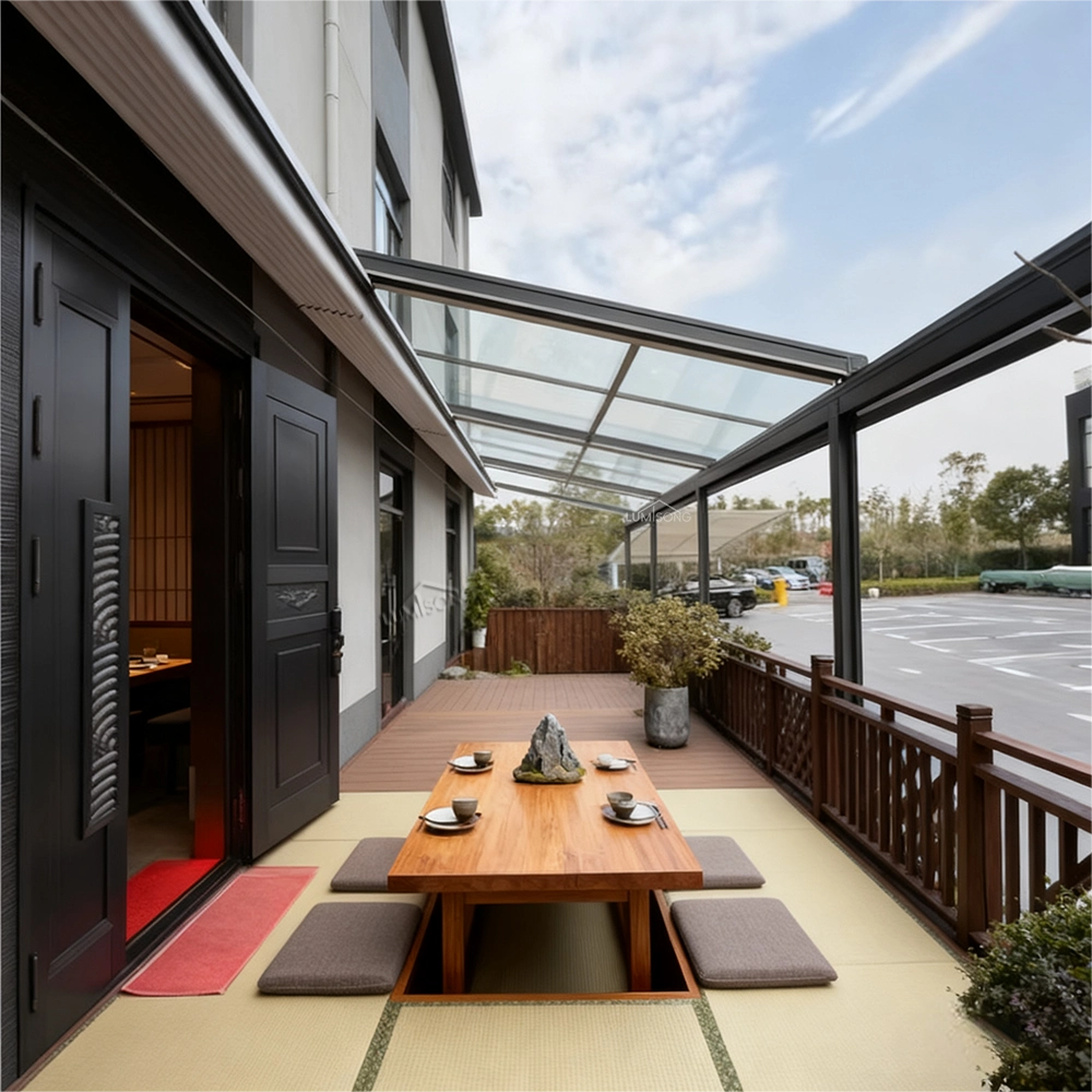 Electric retractable awning installed on a modern patio, featuring a durable powder-coated aluminum frame and weather-resistant fabric that extends and retracts smoothly with an electric motor. Designed to provide adjustable shade and UV protection for patios, decks, balconies, terraces, cafes, restaurants, and commercial outdoor seating areas. Smart outdoor shading system with remote control operation and customizable size, color, and projection options. Manufactured by Lumisong, a leading electric retractable awning manufacturer in China serving wholesale buyers and global markets including the USA, Canada, UK, Australia, and international regions.