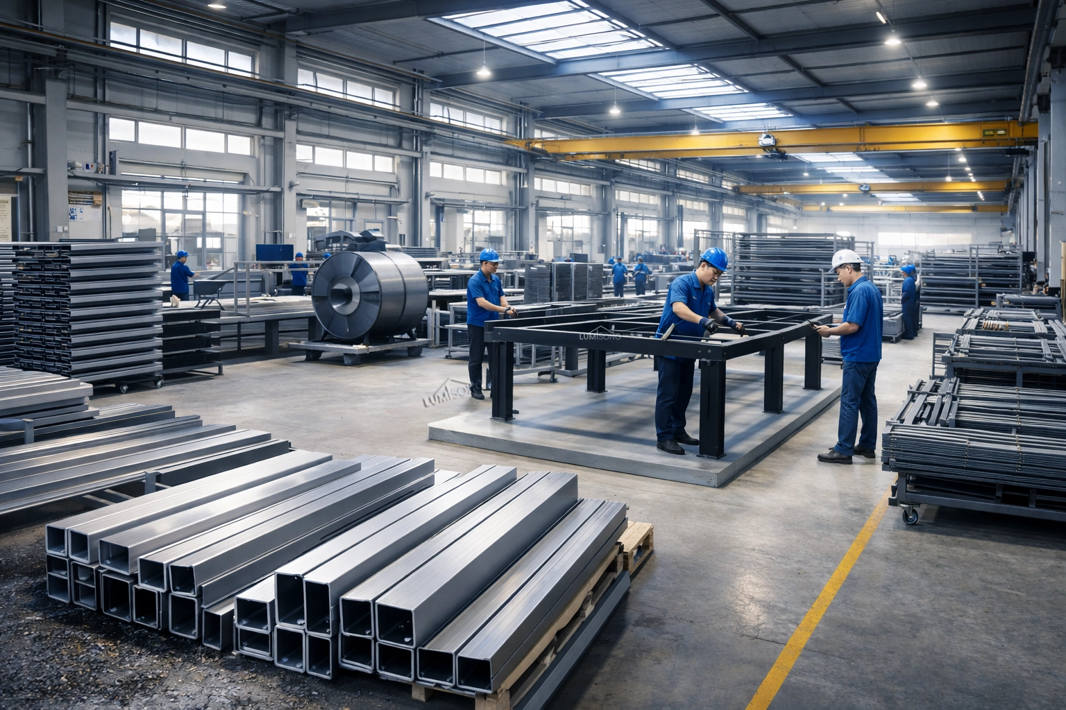 Aluminum outdoor systems factory manufacturing pergolas, carports, awnings and architectural shading structures with advanced production equipment and precision fabrication