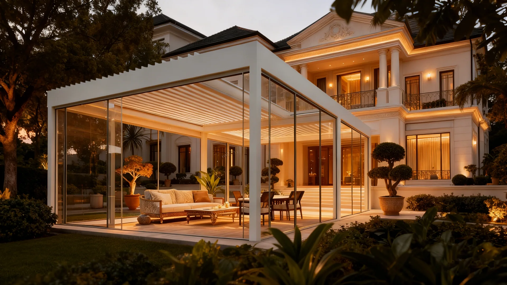 Luxury aluminum pergola with modern architectural design installed in a stylish outdoor patio, durable weather-resistant structure providing elegant shade for gardens, terraces, and premium residential or commercial spaces | Lumisong