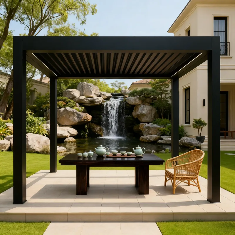 Modern metal pergola structure made from durable aluminum, providing stylish shade for backyard patios, garden seating areas, terraces, and residential or commercial outdoor spaces | Lumisong