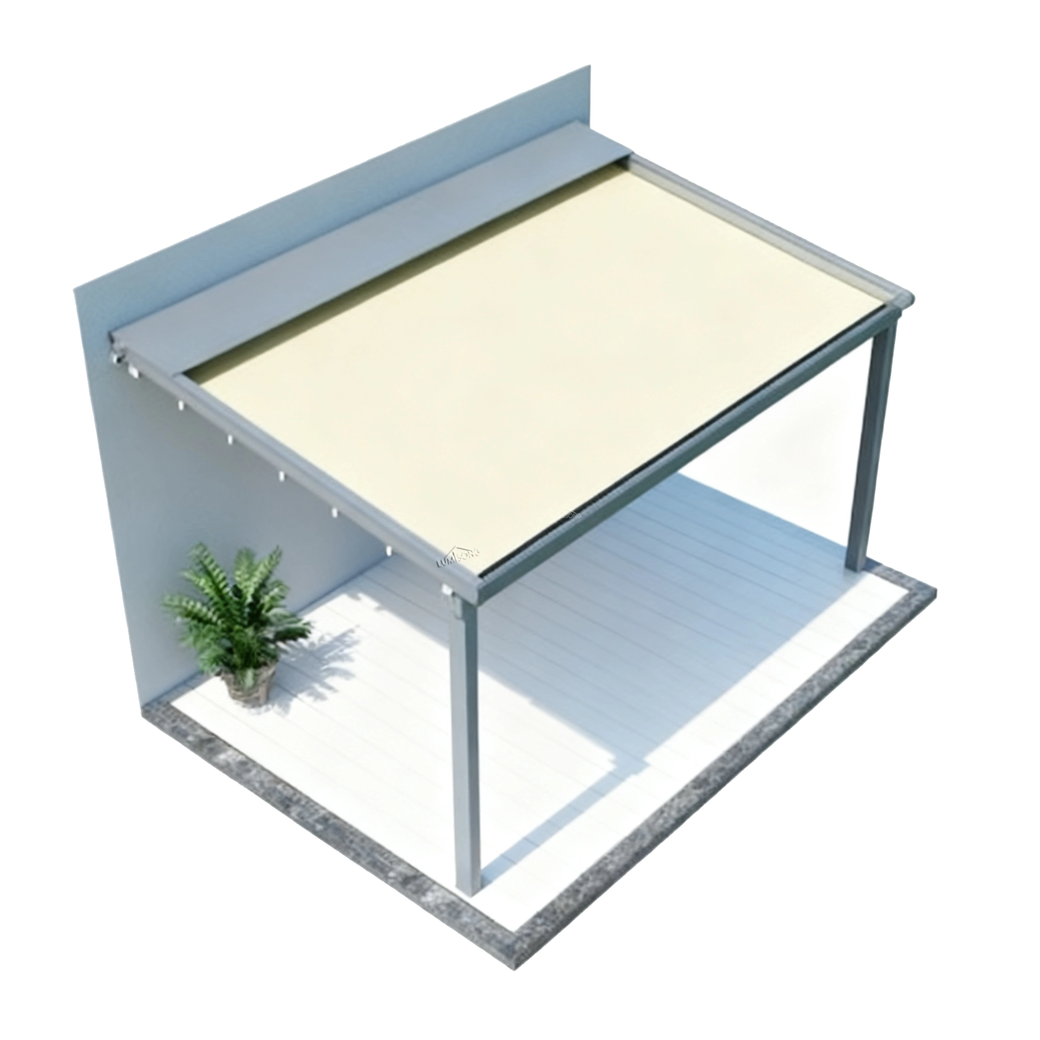 Motorized awning for patio installed on a modern outdoor terrace, featuring a durable powder-coated aluminum frame and retractable weather-resistant fabric that provides adjustable shade and sun protection. Electric patio awning system designed for residential patios, decks, balconies, and commercial outdoor seating areas such as cafes, restaurants, and hotels. Remote-controlled retractable awning offering convenient operation, UV protection, and improved outdoor comfort. Custom sizes, colors, and configurations available. Manufactured by Lumisong, a leading motorized awning manufacturer in China supplying wholesale and global online markets including the USA, Canada, UK, Australia, and other international regions.