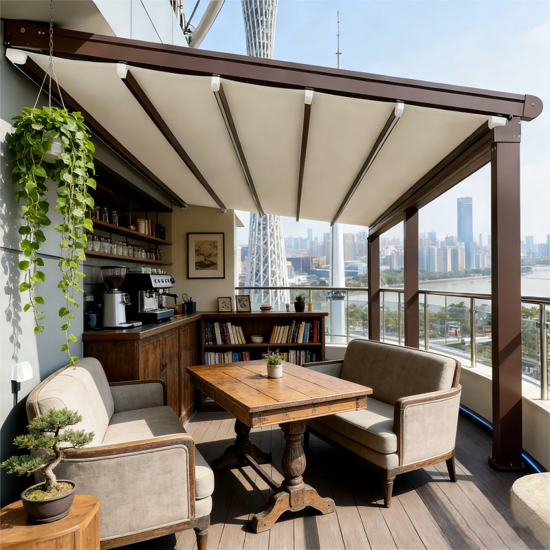 Motorized patio awning installed on a modern outdoor terrace, featuring a durable aluminum frame and retractable weather-resistant fabric that provides adjustable shade and sun protection. Electric patio awning system designed for residential patios, decks, balconies, and commercial outdoor seating areas such as cafes and restaurants. Remote-controlled retractable awning offering flexible shading and energy-efficient outdoor comfort. Custom sizes, colors, and control options available. Manufactured by Lumisong, a leading motorized awning manufacturer in China supplying wholesale and global online markets including the USA, Canada, UK, Australia, and international regions.