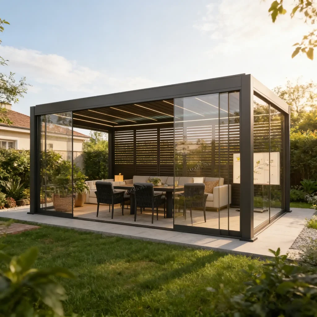 Pergola with glass doors and integrated LED lighting featuring a modern aluminum frame, designed for gardens, patios, terraces, restaurants, and commercial outdoor living spaces