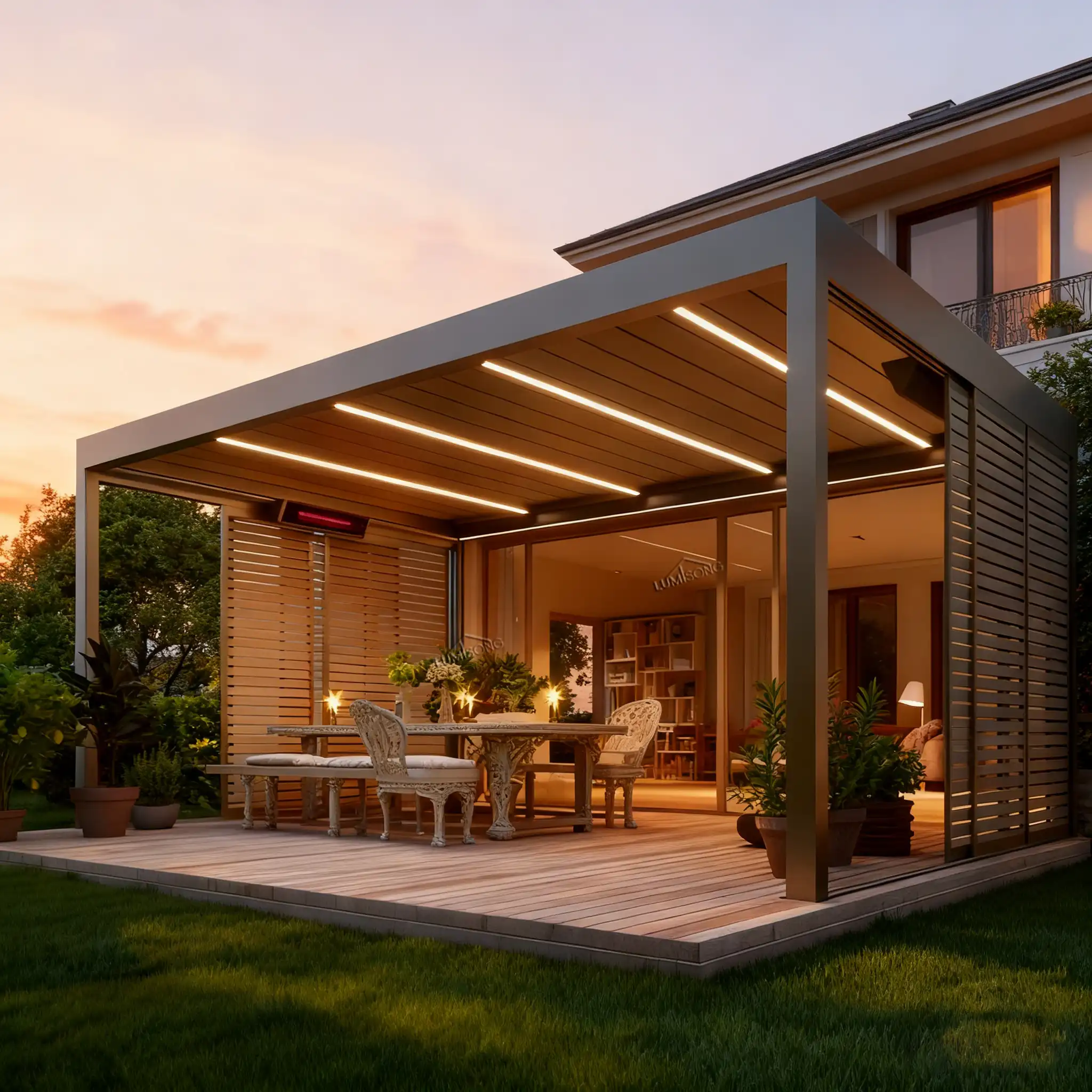 Luxury pergola with premium aluminum frame and retractable roof system, designed for upscale gardens, patios, terraces, and commercial outdoor spaces