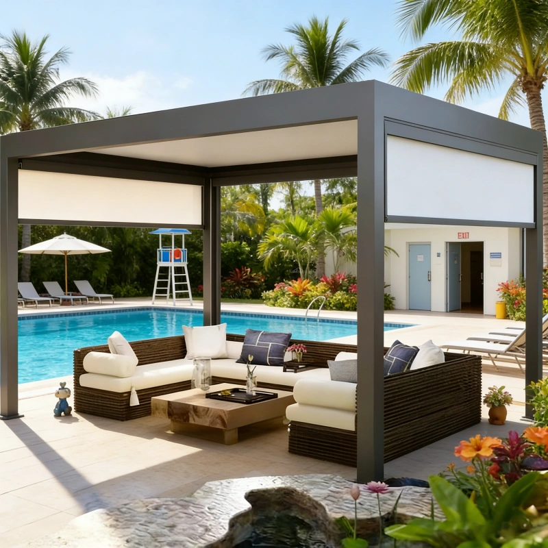 Privacy screen for pergola installed on a modern outdoor patio, featuring durable weather-resistant fabric and aluminum frame to provide shade, wind protection, and enhanced privacy. Designed for residential pergolas, terraces, balconies, and commercial outdoor spaces such as cafes, restaurants, and hotels. Custom sizes, colors, and configurations available for flexible installation and long-lasting outdoor performance. Manufactured by Lumisong, a leading outdoor shading and pergola screen manufacturer in China serving global markets including the USA, Canada, UK, Australia, and international regions.