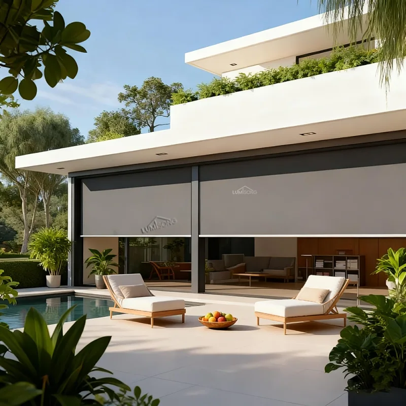 Modern outdoor roller blinds installed on pergola and patio area, providing adjustable shade, privacy, and wind protection for residential terraces and commercial outdoor spaces | Lumisong