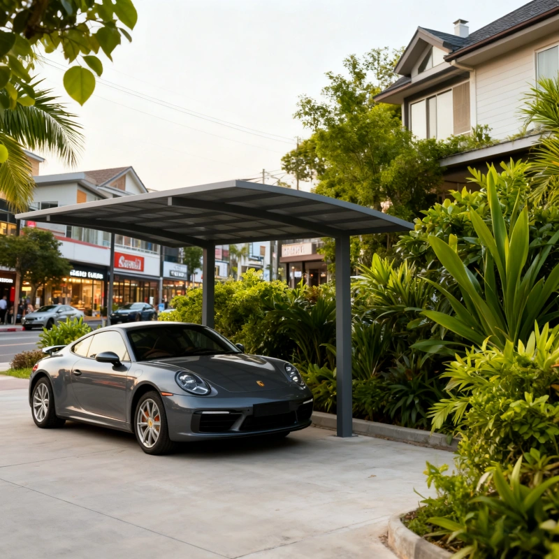 Modern single carport designed for one vehicle, built with durable powder-coated aluminum and reinforced metal structure for residential driveways and commercial parking spaces. Weather-resistant single carport providing reliable protection from sun, rain, and snow while maintaining a clean and modern architectural appearance. Customizable in size, color, and roof design for homes, villas, apartments, offices, and outdoor parking areas. Manufactured by Lumisong, a leading aluminum carport manufacturer in China supporting wholesale orders, custom projects, and global online sales to the USA, Canada, UK, Australia, and international markets.
