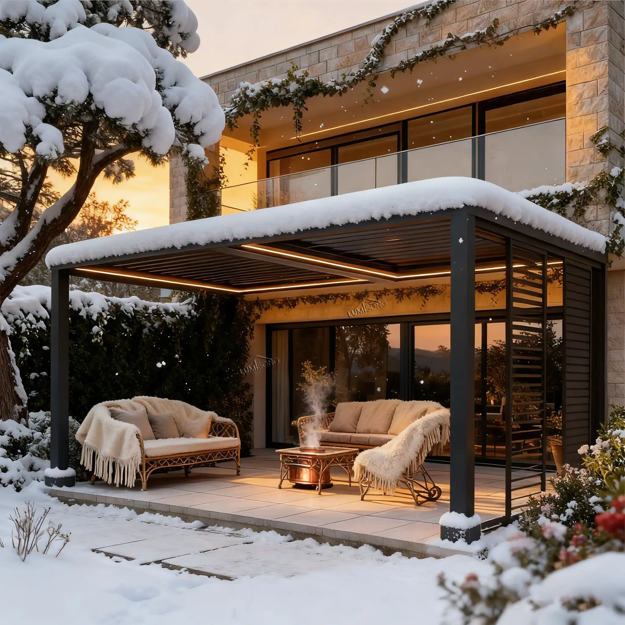 Premium Lumisong aluminum pergola with reinforced roof for snow protection, offering durable, all-weather outdoor living solutions for residential backyards and commercial terraces.