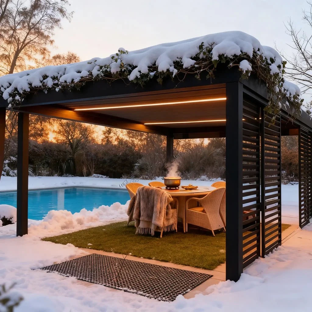 Lumisong aluminum pergola with reinforced structure designed for wind resistance, ensuring durable and stable outdoor living in residential and commercial spaces.