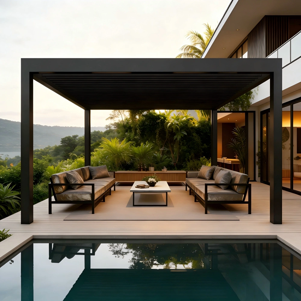 Modern swimming pool pergola installed beside a luxury outdoor pool area, aluminum pergola structure providing sunshade and relaxation space for poolside lounges, resorts, villas, and backyard swimming areas, custom outdoor pergola designed for weather resistance and contemporary architecture, manufactured in China with global wholesale supply to the United States, Canada, Australia, the United Kingdom, Germany, France, Italy, Spain, Greece, the Netherlands, Sweden, and other developed markets | Lumisong