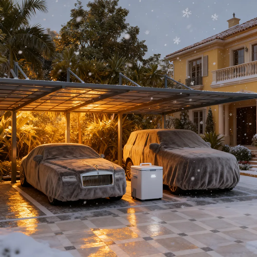 Cable-stayed carport structural logic and load performance diagram showing tension cable support and aluminum frame by Lumisong