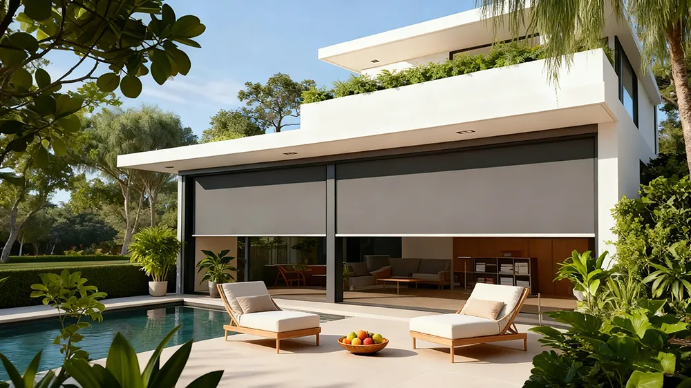 Lumisong outdoor roller blinds with reinforced aluminum frame and weather-resistant fabric for patios, balconies, terraces, and commercial outdoor spaces