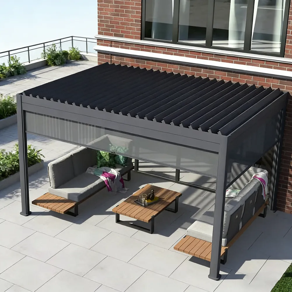 Premium retractable pergola shades by Lumisong with durable aluminum structure and flexible roof shade system, designed for patios, gardens, terraces, restaurants, and luxury outdoor hospitality spaces, offering adjustable sunlight control, weather protection, and elegant year-round comfort.