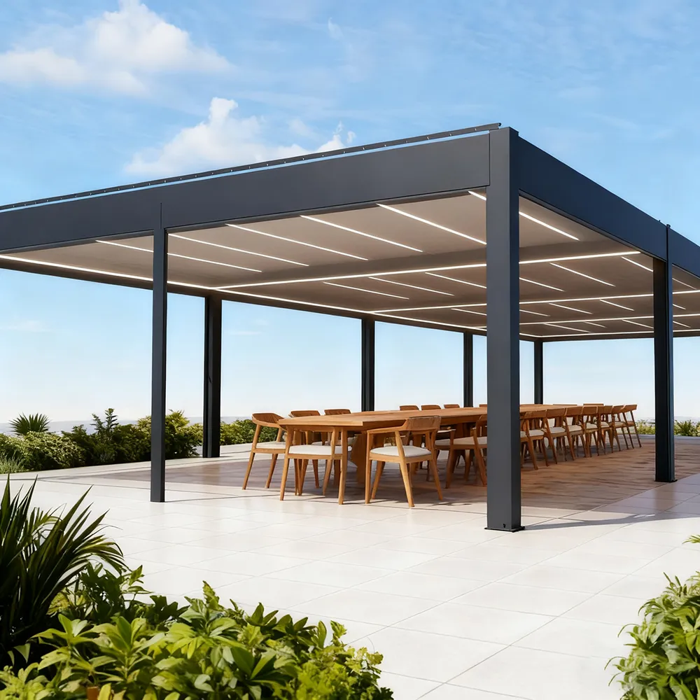 Commercial outdoor pergola structures by Lumisong, crafted from premium aluminum for restaurants, hotels, resorts, rooftop lounges, and luxury residential patios, offering durable weather protection, modern aesthetics, and scalable outdoor space solutions for hospitality and commercial projects.