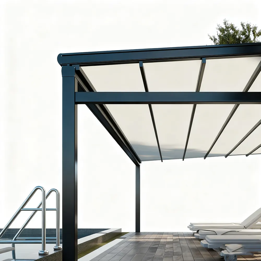 Lumisong electric patio awning with motorized retractable aluminum frame for villa patio, terrace, and commercial outdoor shade