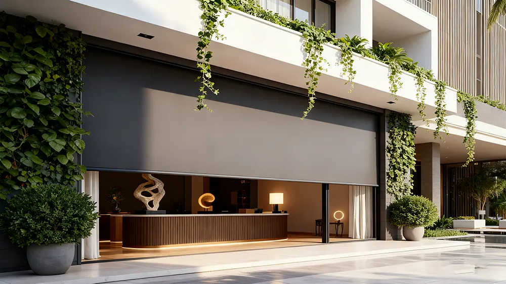 Lumisong exterior roller shades with reinforced aluminum frame and weather-resistant fabric for patios, balconies, façades, and commercial outdoor spaces