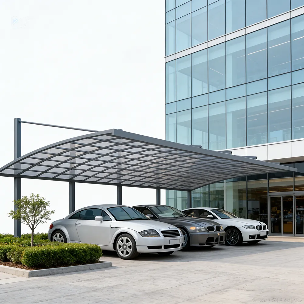 Large commercial aluminum carport with durable frame and weather-resistant canopy for corporate and industrial parking by Lumisong