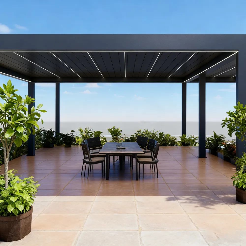 Large span commercial pergola by Lumisong, engineered with high-strength aluminum structure for wide outdoor coverage, ideal for restaurants, hotels, resorts, plazas, and luxury residential patios, delivering durable weather protection and elegant large-scale outdoor living solutions.