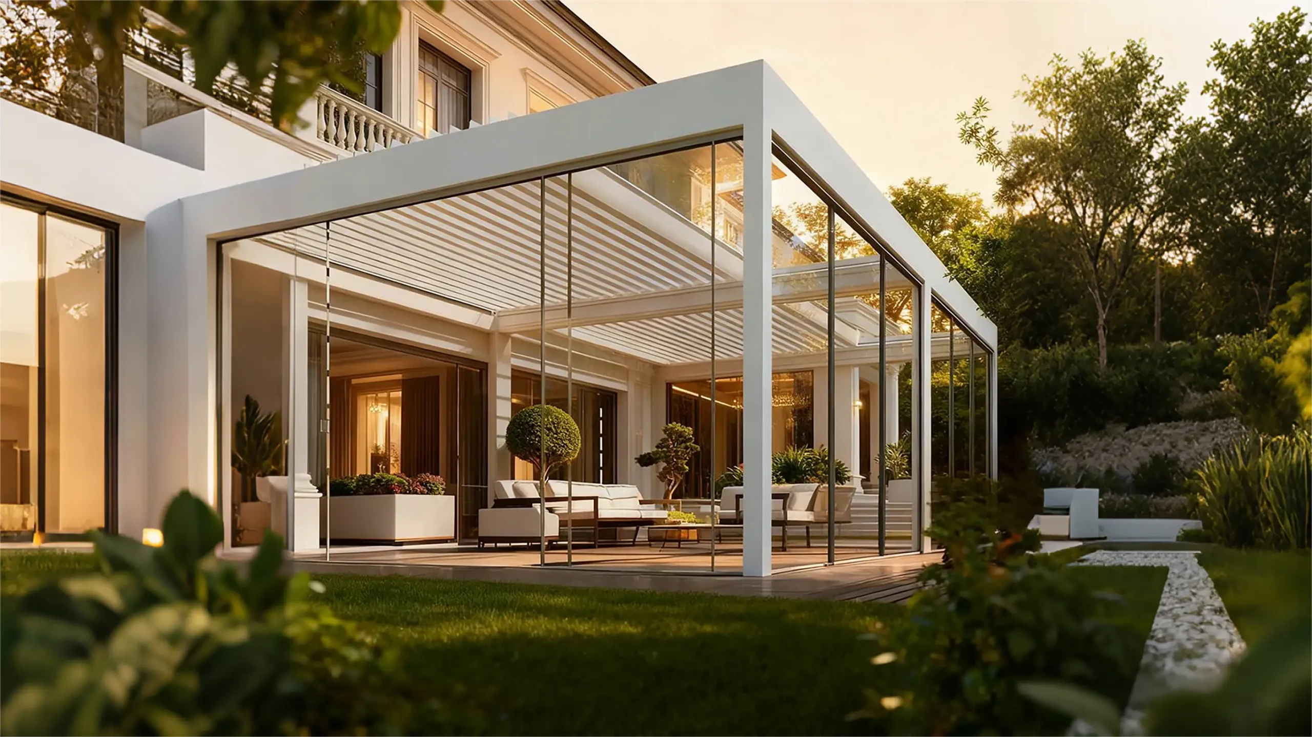 Luxury pergola after installation by Lumisong showcasing premium aluminum outdoor living transformation for modern villa patio