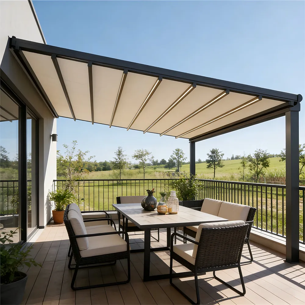 Motorized balcony awning by Lumisong for premium sun and rain protection with smooth motorized operation