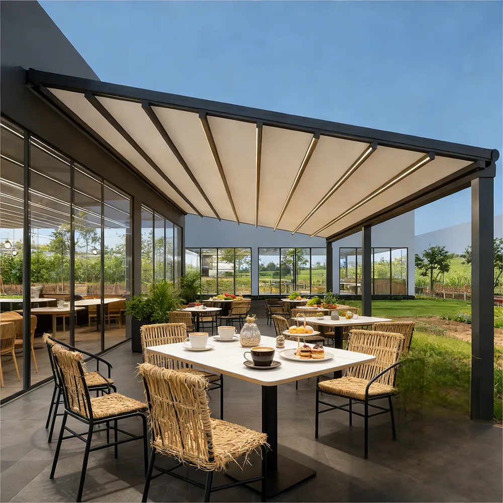 Smart retractable awning system by Lumisong for patios, terraces, and commercial spaces, featuring automated operation and premium weather protection