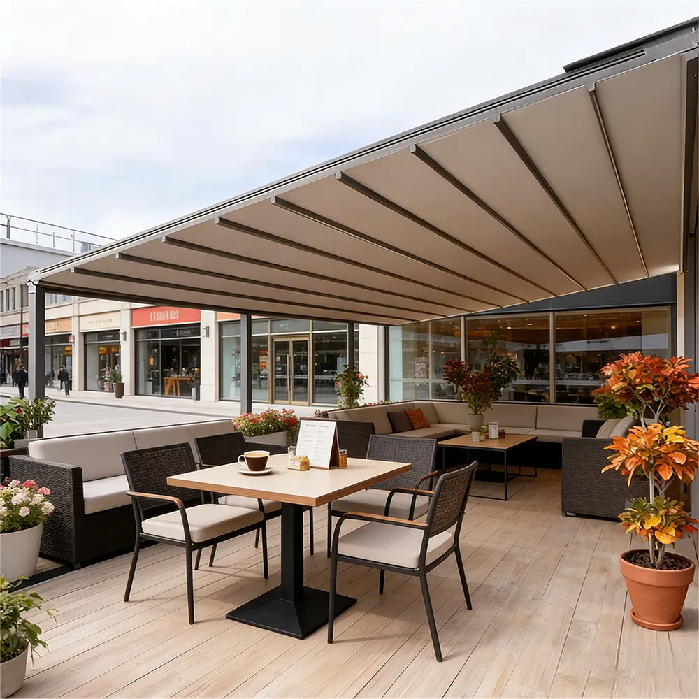 Lumisong wall mount patio retractable awning with motorized aluminum frame for terraces, patios, and commercial outdoor shade