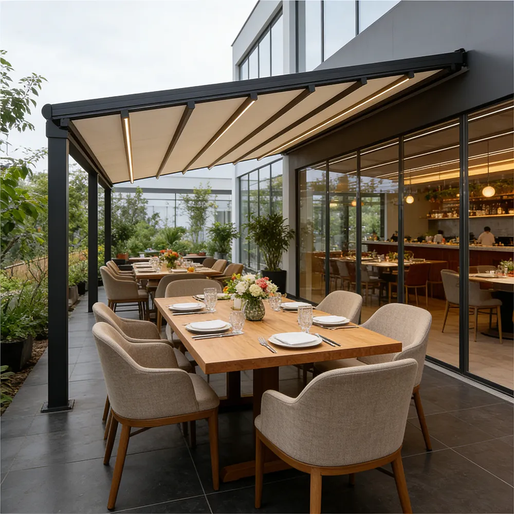 Lumisong wall mounted retractable awning with motorized aluminum frame for patio, terrace, and commercial outdoor shading