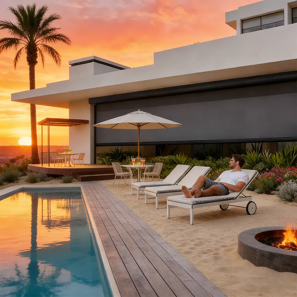 Lumisong waterproof outdoor roller blinds with durable aluminum frame and high-quality waterproof fabric for patios, terraces, balconies, and commercial outdoor spaces