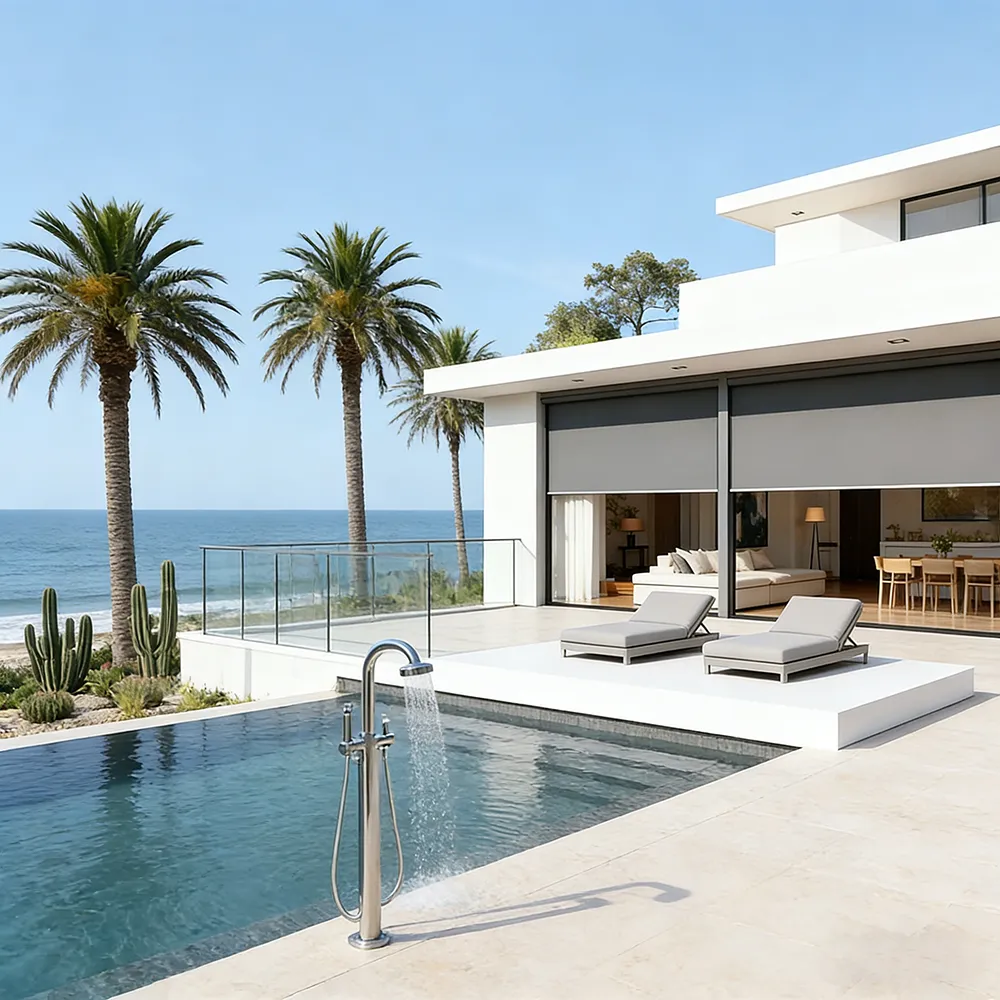 Lumisong windproof zip screen blinds with reinforced aluminum frame and weather-resistant fabric for patios, terraces, balconies, and commercial outdoor spaces