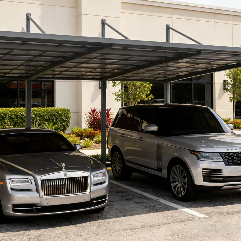 Modern cable-stayed aluminum carport with architectural tensile design providing outdoor vehicle shelter by Lumisong