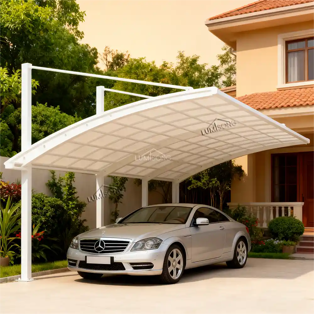Modern cable-stayed aluminum carport structure designed for architectural outdoor parking applications by Lumisong