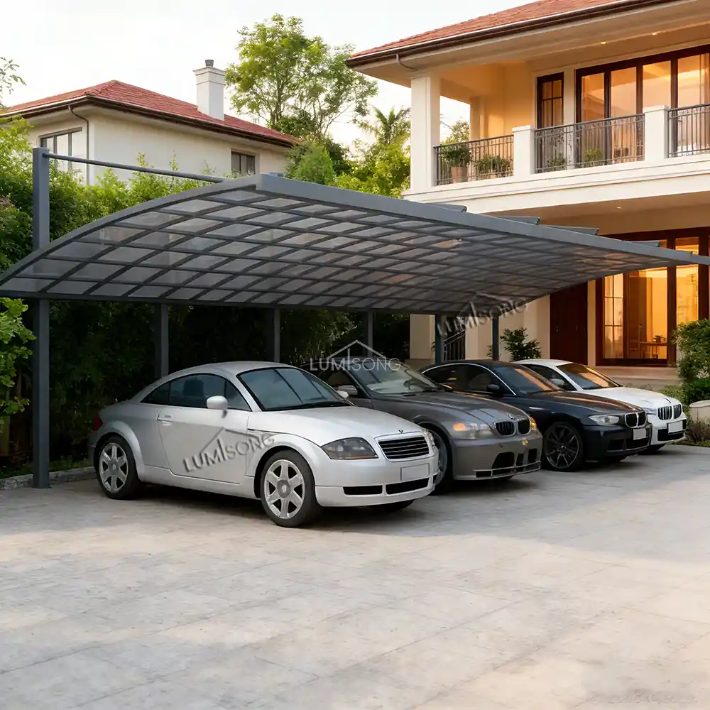 Modern cable-stayed aluminum carport design providing architectural vehicle shelter by Lumisong