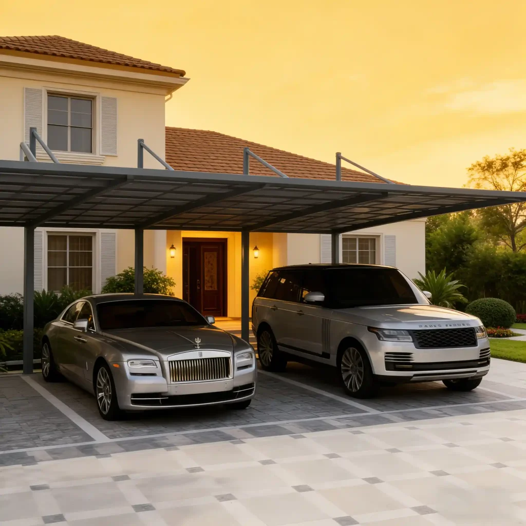 Modern cable-stayed aluminum carport installed in a residential property providing stylish outdoor vehicle shelter by Lumisong