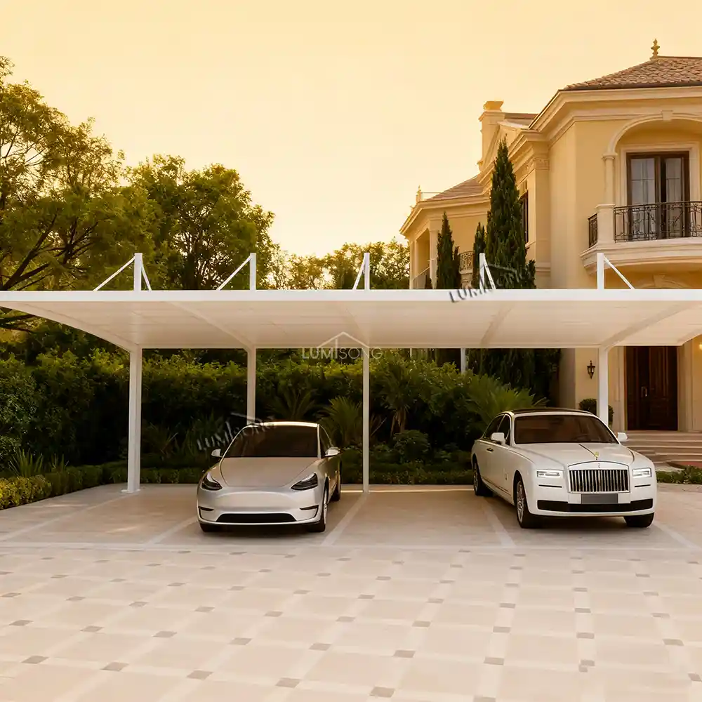 Modern cable-stayed aluminum carport structure designed for durable outdoor vehicle shelter by Lumisong
