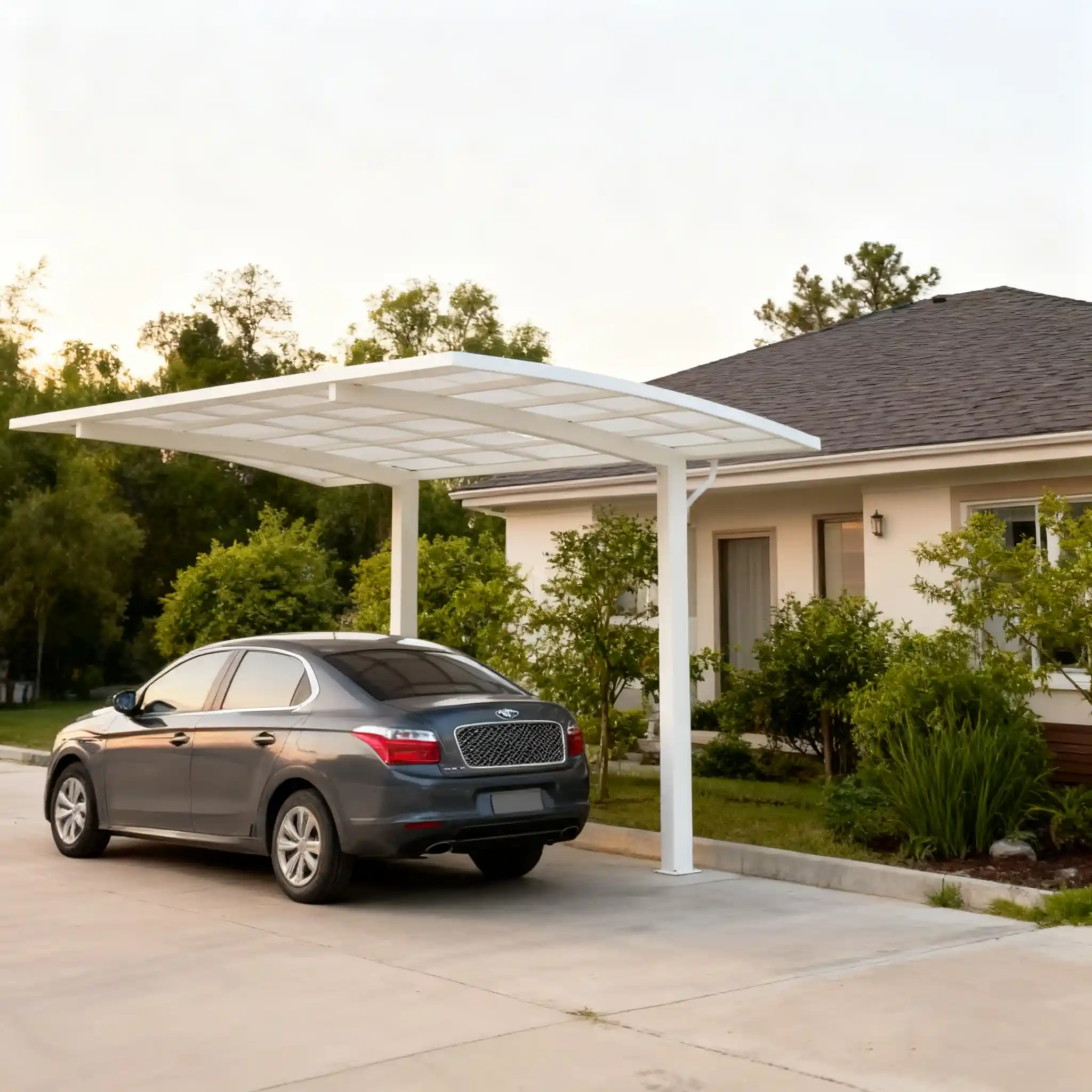 Modern cantilever aluminum carport installed over a residential driveway providing open and unobstructed vehicle shelter by Lumisong