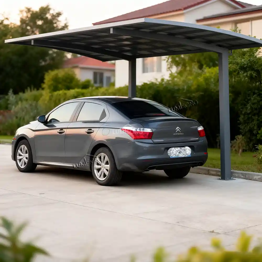 Modern cantilever aluminum carport installed at a contemporary home providing open and elegant outdoor vehicle shelter by Lumisong
