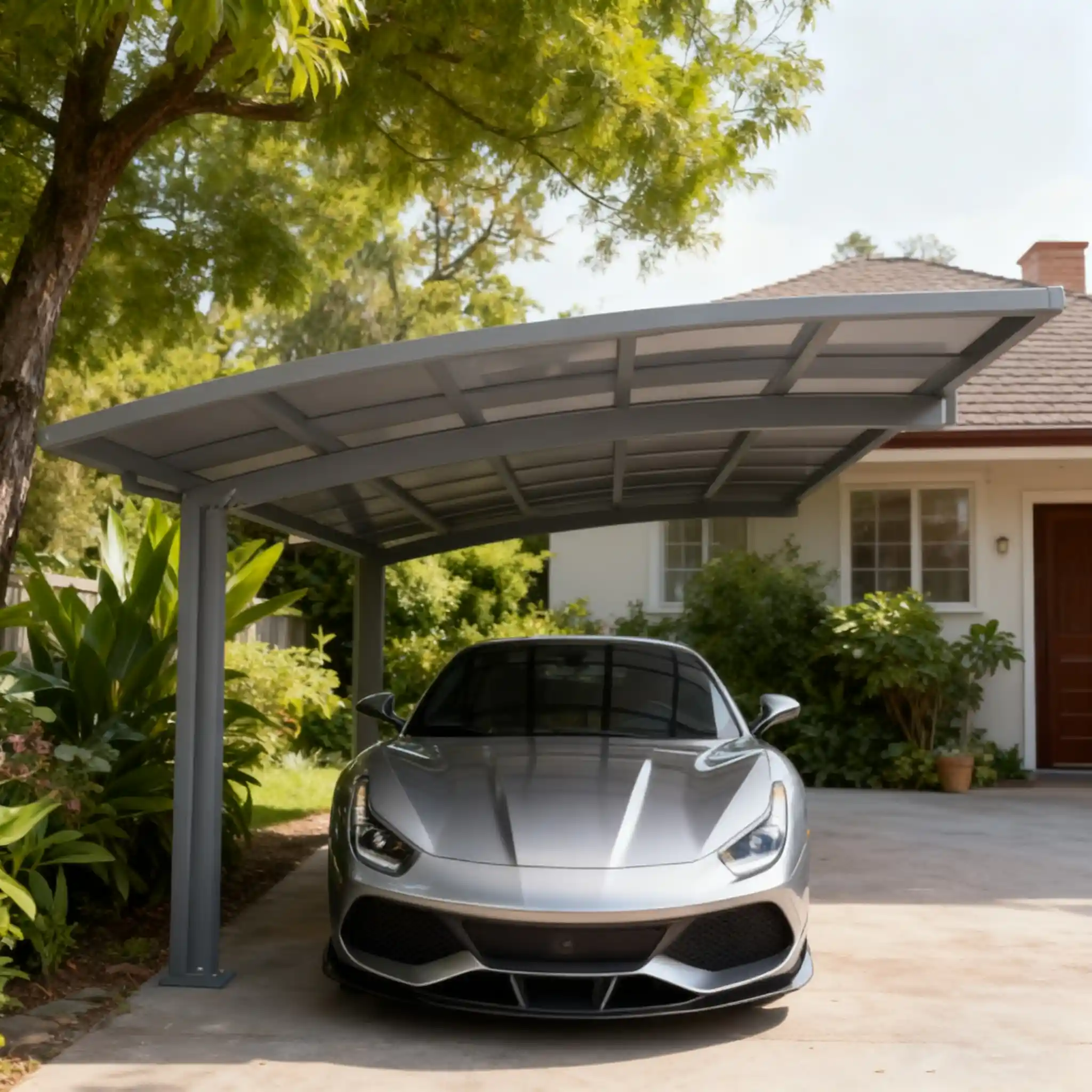 Modern cantilever aluminum carport structure providing open outdoor vehicle shelter with contemporary architectural design by Lumisong
