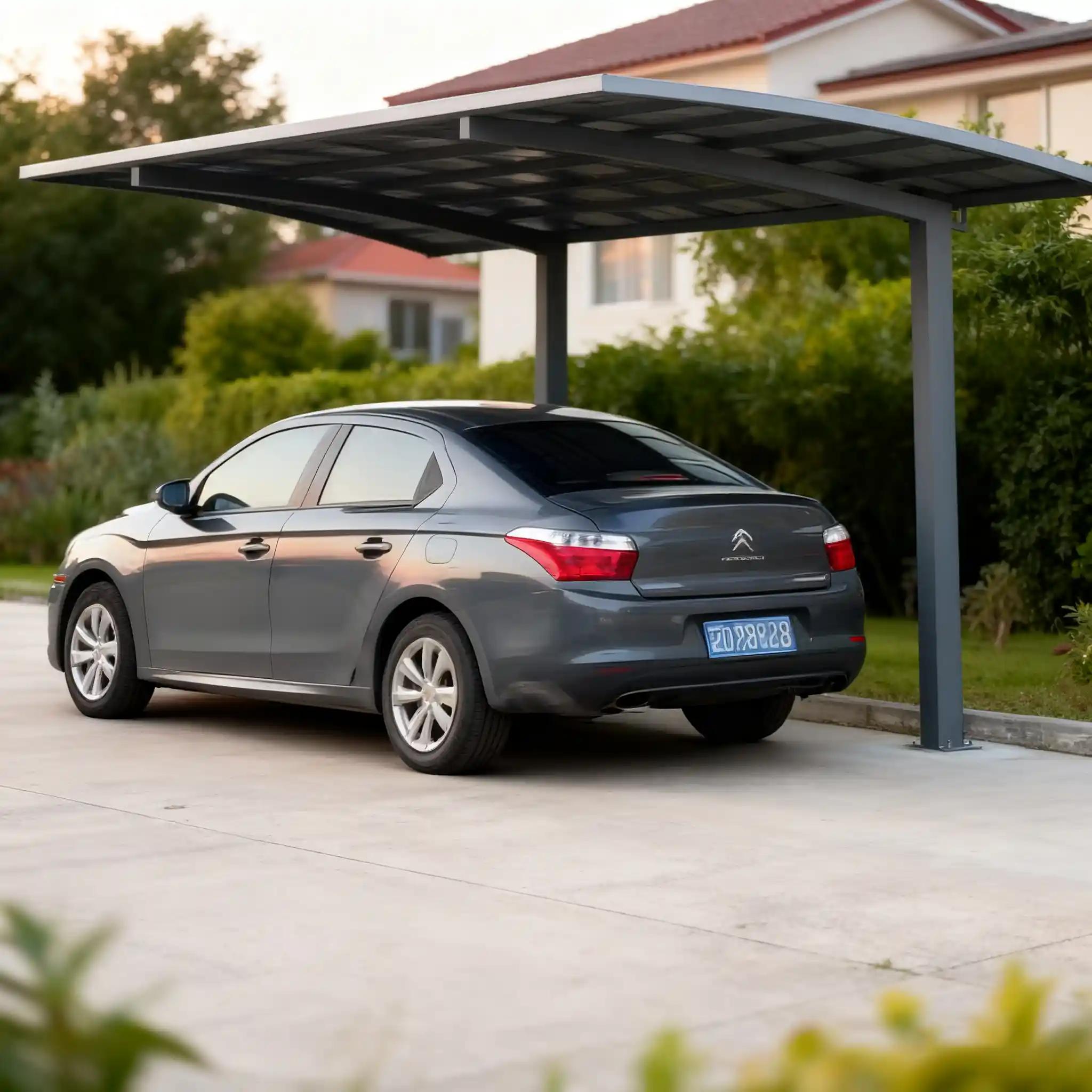 Modern cantilever aluminum carport installed in a residential property providing open and stylish outdoor vehicle shelter by Lumisong