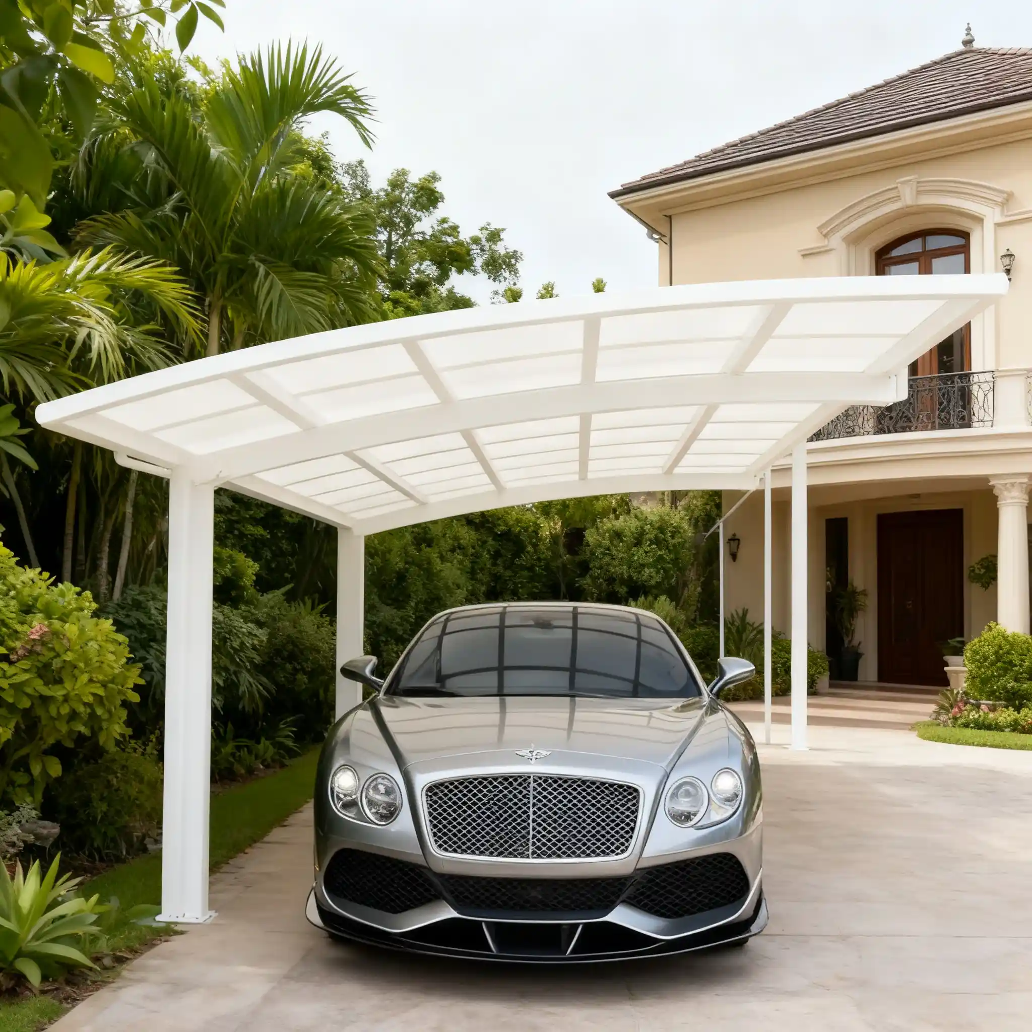 Modern cantilever aluminum carport installed in a luxury villa providing open and elegant outdoor vehicle shelter by Lumisong
